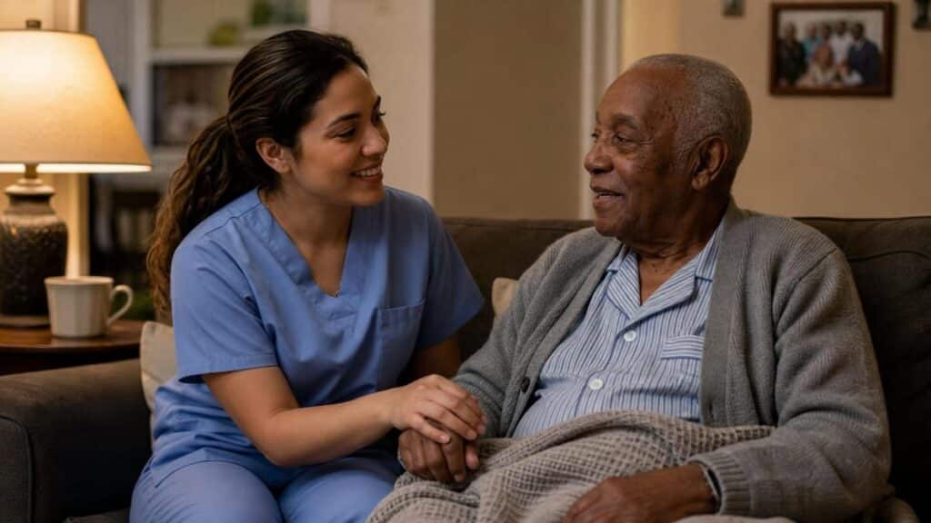 A caregiver in a light blue top holds the hand of an older man as they sit together on a sofa in warm evening lamp light